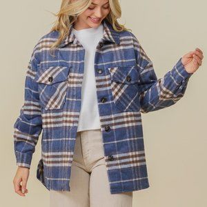 *BOUTIQUE NEW*  Brushed Thick Flannel Blue Plaid Shacket Jacket Button Down Top